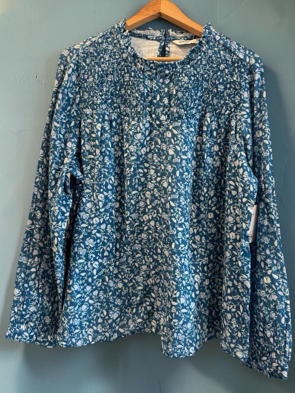 NWT Sonoma Women's Blue Floral Smocked Blouse Size XL 100% Cotton Peasant Boho